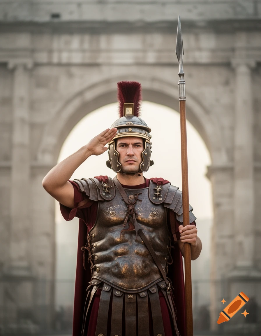 A photorealistic Roman soldier in full armor salutes with one hand and holds a spear in the other, before an archway.