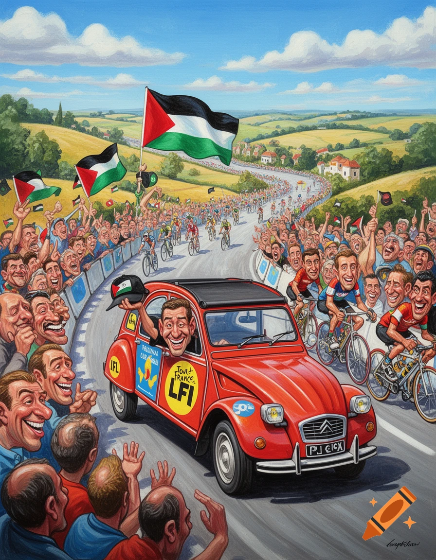 A vibrant caricature painting in the style of Peter Howson depicts a red Citroen 2CV car in the Tour de France caravan. Crowds wave Palestinian flags, and a man in the car throws Palestinian flag hats to spectators. Cyclists are visible in the background winding through a landscape.