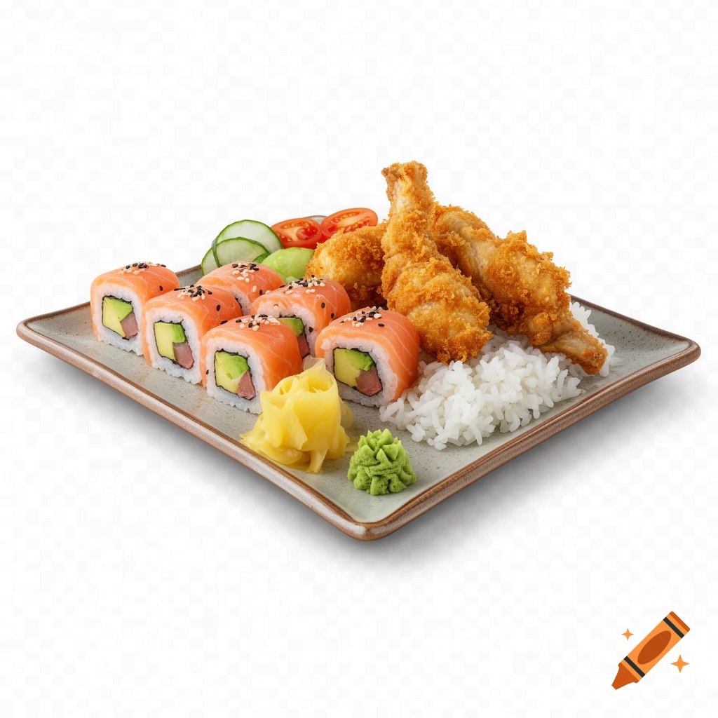 Photorealistic sushi and crispy chicken bento with salmon avocado rolls, fried chicken, rice, ginger, wasabi on a plate.