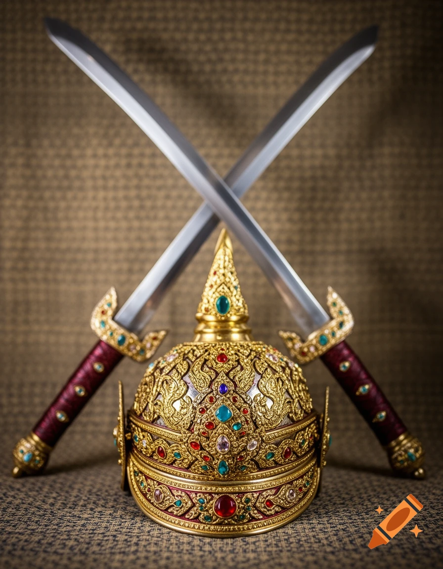 A richly decorated gold Thai helmet adorned with colorful jewels, positioned in front of two crossed Thai daab swords with ornate hilts.