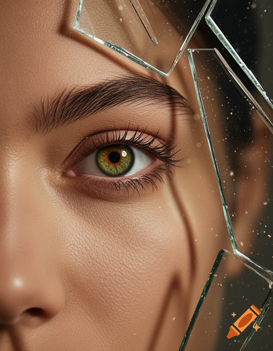 Ultra-detailed, hyper-realistic macro shot of a human eye with hazel-green iris, surrounded by shattered mirror fragments and fine dust particles, soft cinematic lighting.