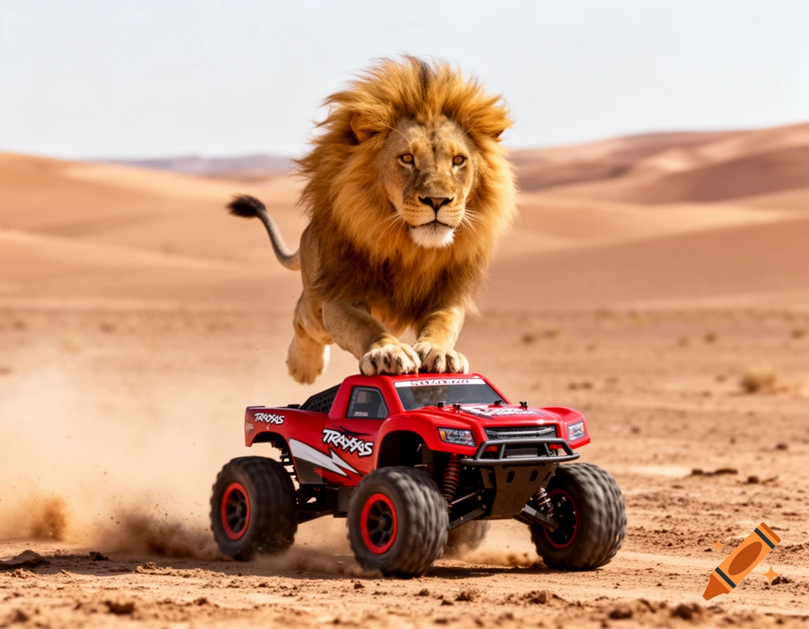 A majestic lion jumps onto a red Traxxas monster truck, kicking up dust in a sandy desert.