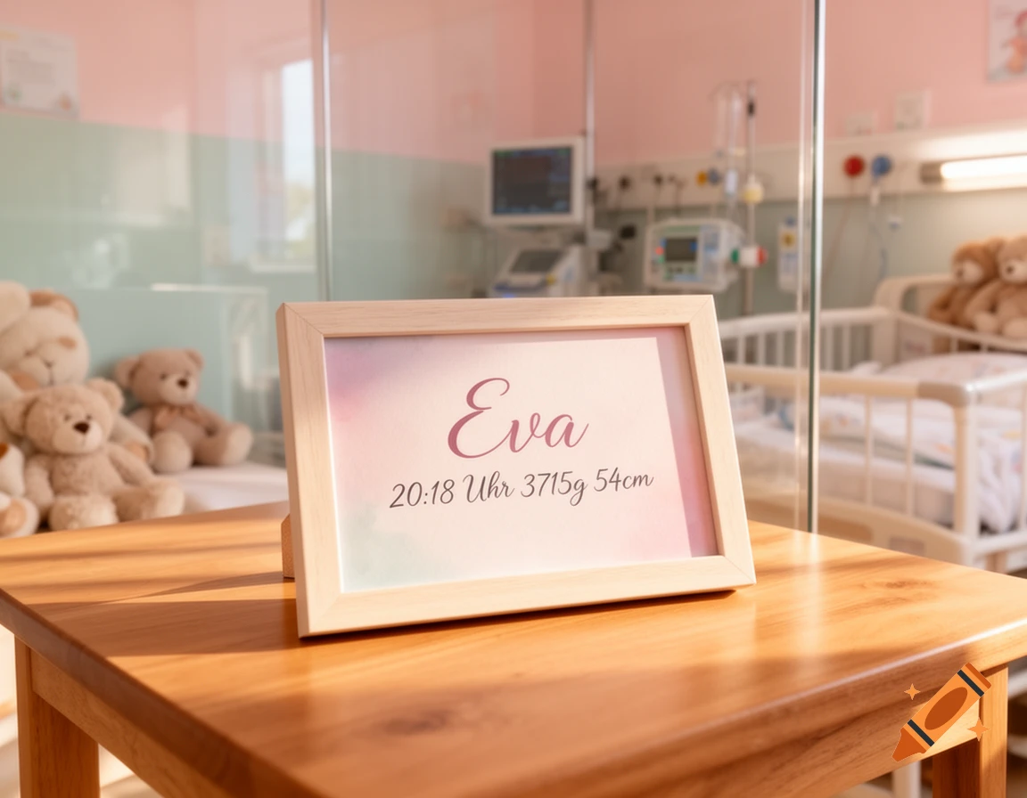 A framed birth announcement for "Eva 20:18 Uhr 3715g 54cm" on a wooden table in a hospital nursery, with teddy bears and a baby crib in the background.