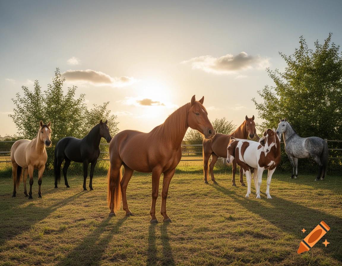 Several photorealistic horses of different colors stand in a grassy field at sunset, with trees in the background.