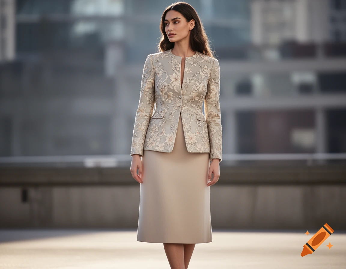 A woman in an embroidered beige blazer and a matching skirt stands outdoors with a blurred city background.