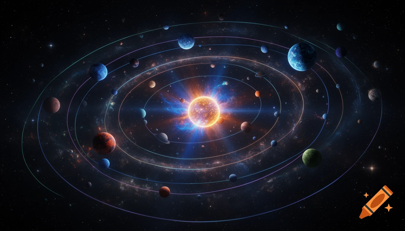 A top-down view of a colorful star system with a glowing central star and numerous planets orbiting on vibrant paths against a starry nebula background.