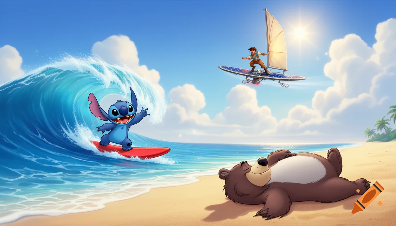 Vibrant cartoon of Stitch surfing, Baloo sleeping on a beach, and Jim Hawkins flying a solar surfboard in a bright blue sky.