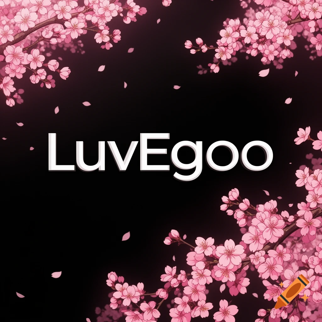 White 'LuvEgoo' text on a black background, framed by pink cherry blossoms and falling petals in an illustrative style.