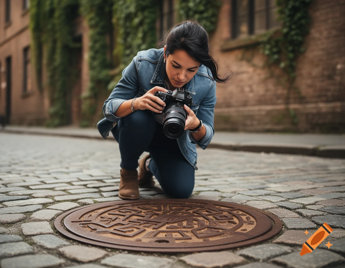 A woman in a denim jacket and jeans kneels on a cobblestone street, photographing an ornate manhole cover with a DSLR camera.