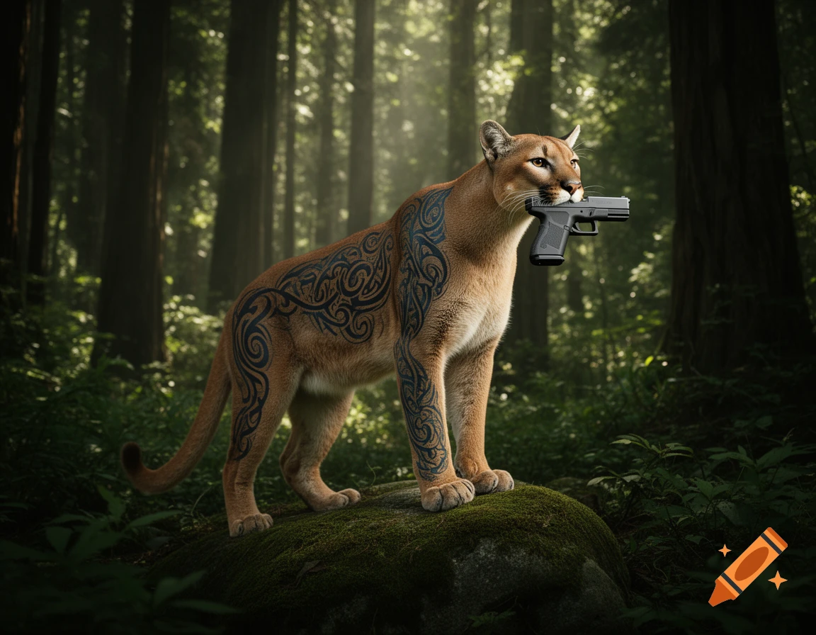 A photorealistic mountain lion with tribal tattoos holds a black handgun in its mouth, standing on a mossy rock in a sunlit forest.