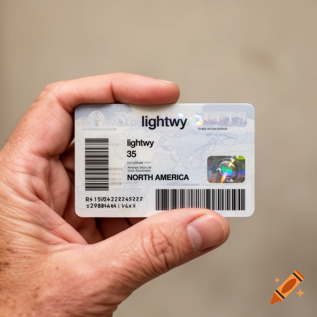 A white hand holding an ID card that reads "lightwy" and "NORTH AMERICA" with a holographic element.