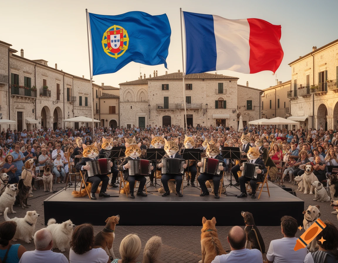 Anthropomorphic cats play accordions on a stage in a bustling town square under Portuguese and French flags, with a crowd of people and dogs watching.