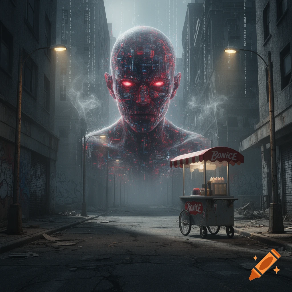 A giant, glowing red humanoid figure made of circuits overlooks a foggy, derelict city street with a Bonice cart.
