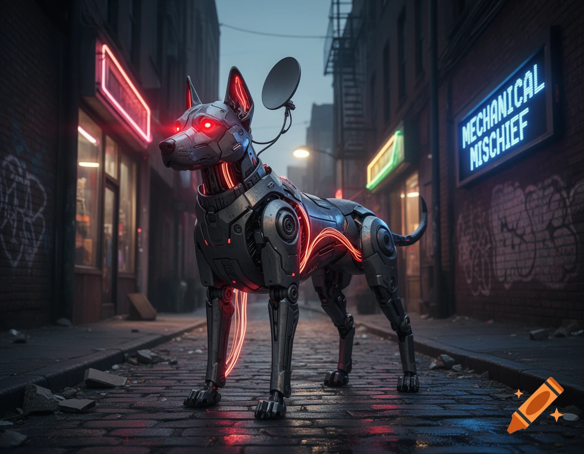 A robot dog with glowing red eyes and a satellite dish stands on a wet street in a cyberpunk city with neon signs.