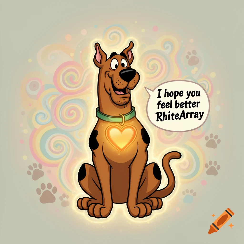 Scooby-Doo sits with a glowing heart on his chest, saying 'I hope you feel better RhiteArray' in a speech bubble, against a swirly background.