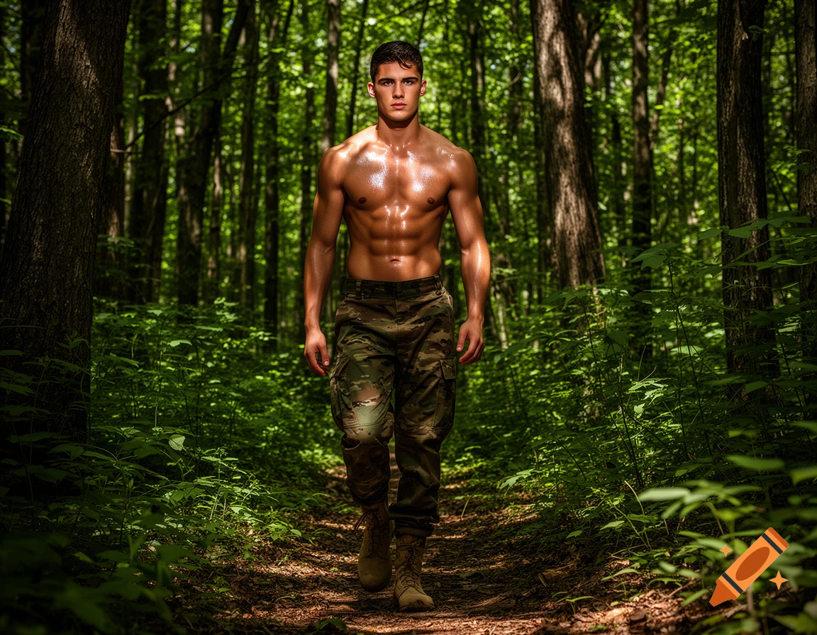 A shirtless, muscular young man in camouflage pants walks along a path in a dense green forest, illuminated by sunlight.