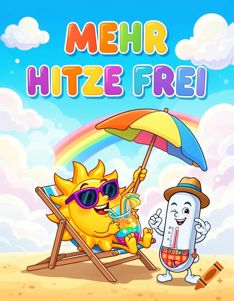 Colorful cartoon of a sun in sunglasses on a beach chair next to a winking thermometer, with 'MEHR HITZE FREI' text.