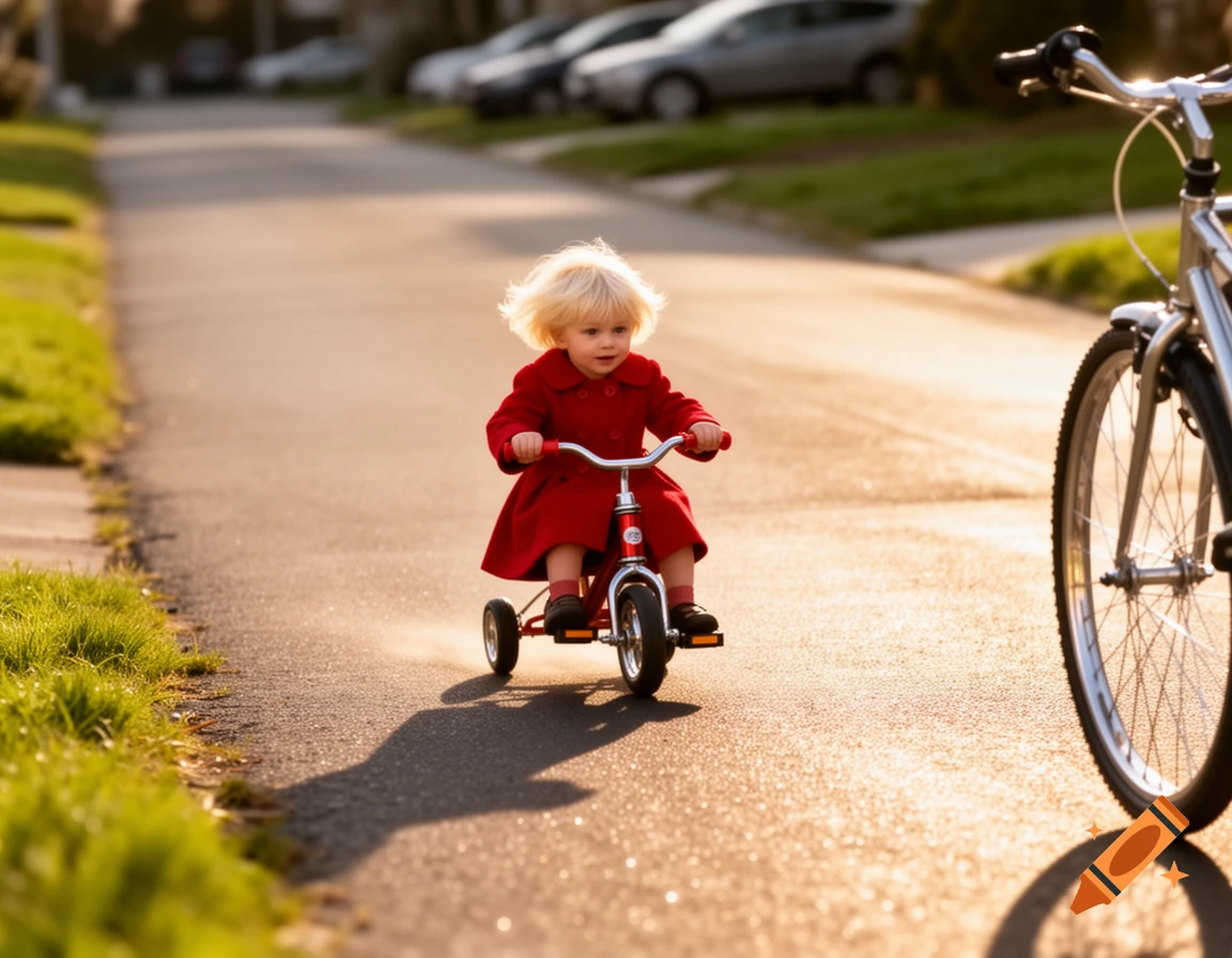 A blonde toddler in a red coat rides a tricycle on a sunlit asphalt path, with a bicycle parked nearby.