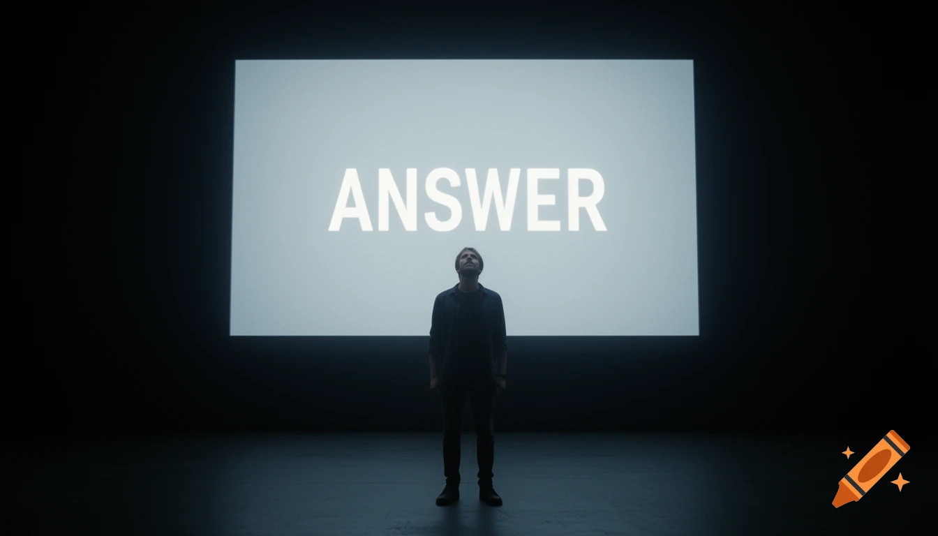 A man stands in a dark room, looking up at a large glowing screen that displays the word "ANSWER" in bold white text.