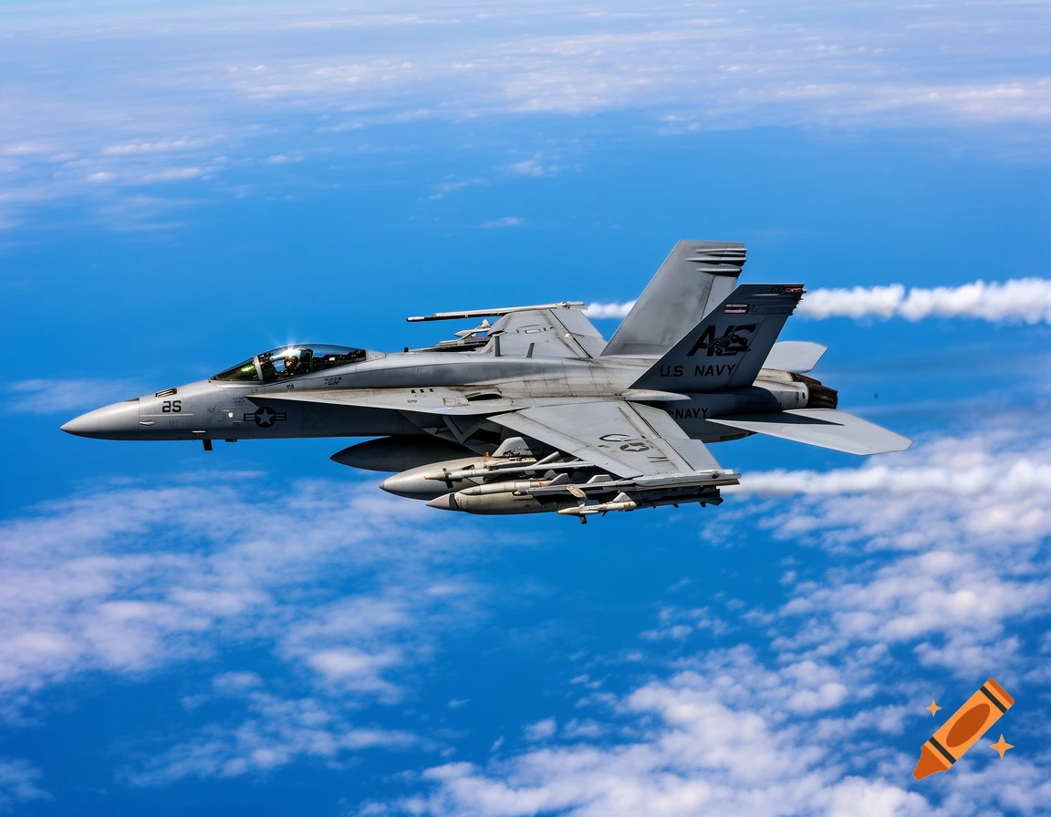 A gray F/A-18 Super Hornet fighter jet flies through a blue sky with scattered clouds, leaving white contrails.
