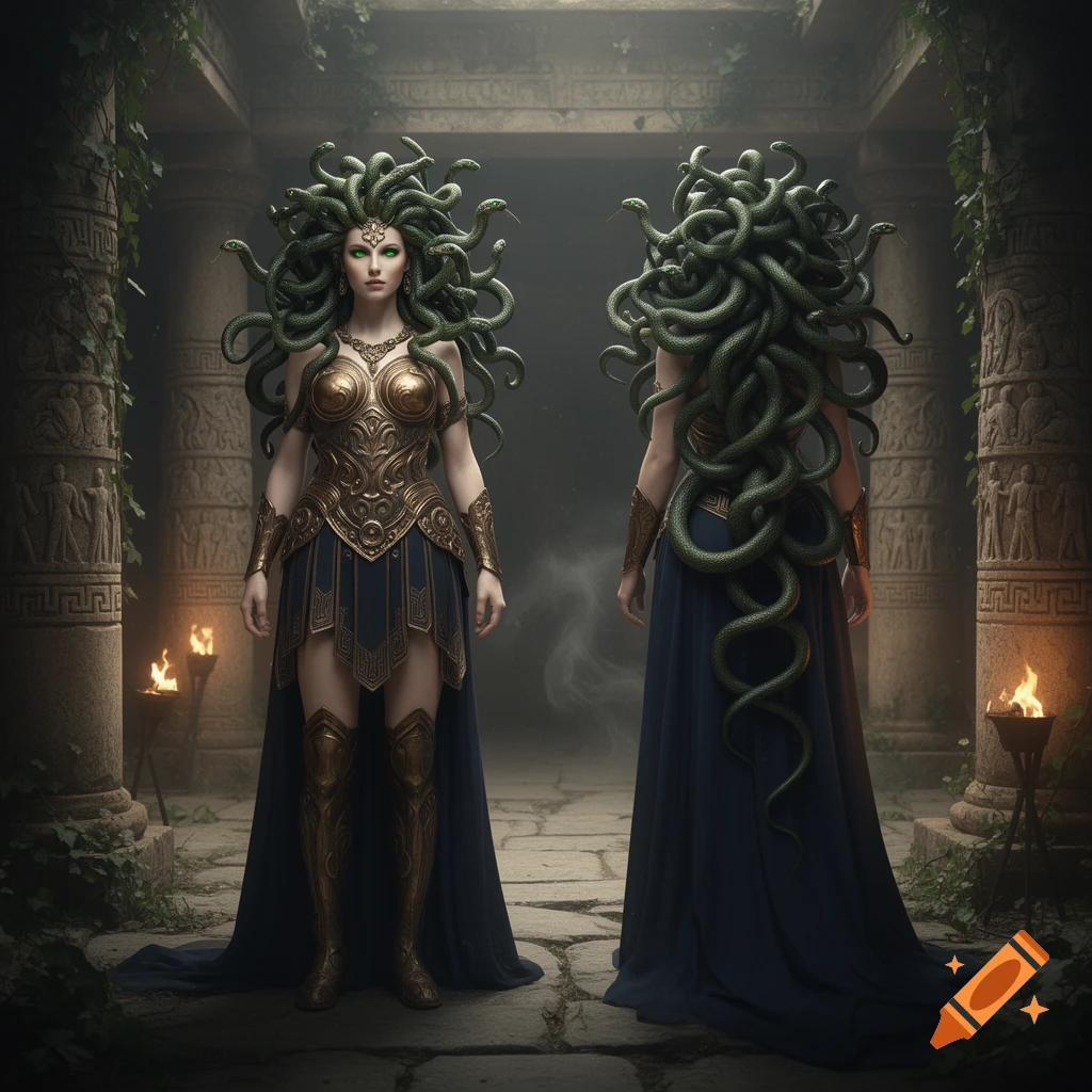 Front and back views of Medusa with snakes for hair, wearing ornate golden armor and a dark blue gown in ancient ruins with torches.
