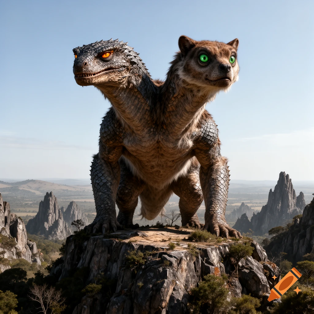 A photorealistic two-headed monster with a reptilian head and a furry mammalian head, on a rocky mountain peak.