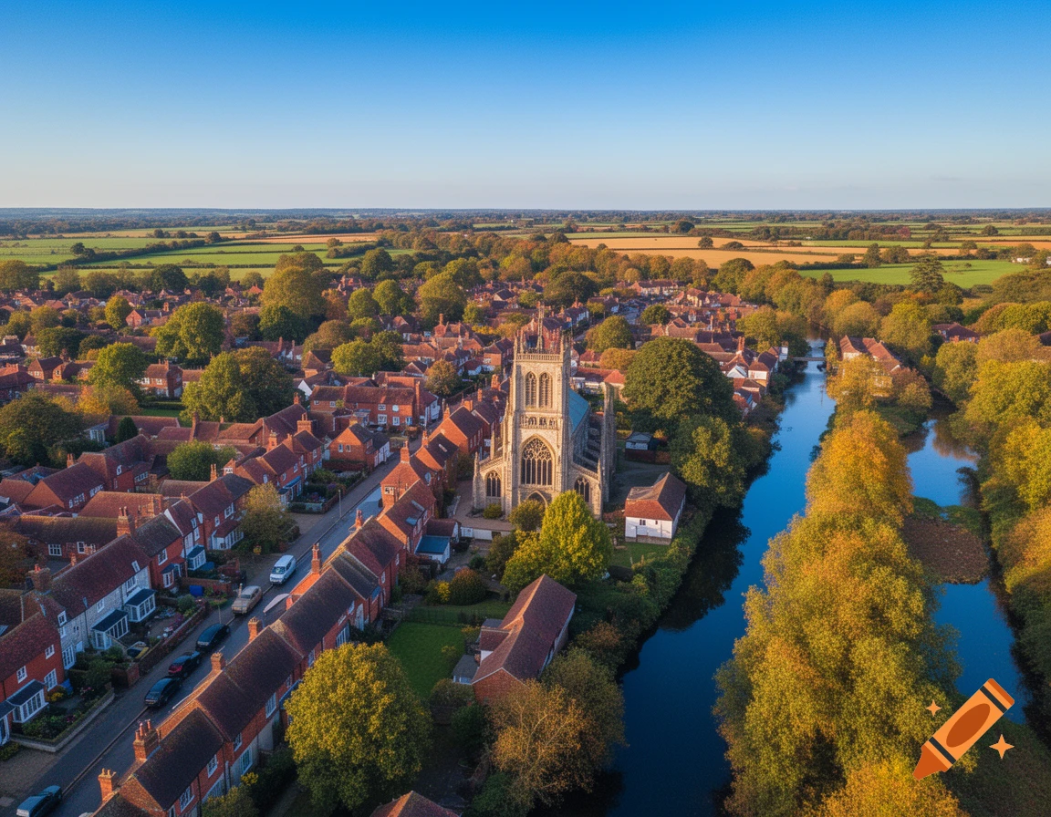 Aerial view of a picturesque town with a prominent church, red-roofed houses, a winding river lined with autumn trees, and distant green fields under a clear blue sky.