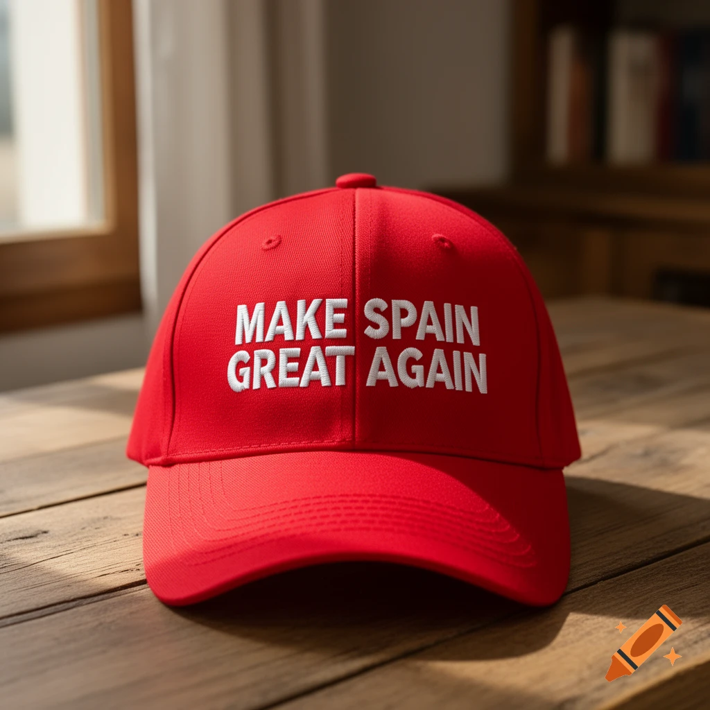 A red baseball cap with "MAKE SPAIN GREAT AGAIN" embroidered in white text, resting on a wooden table.
