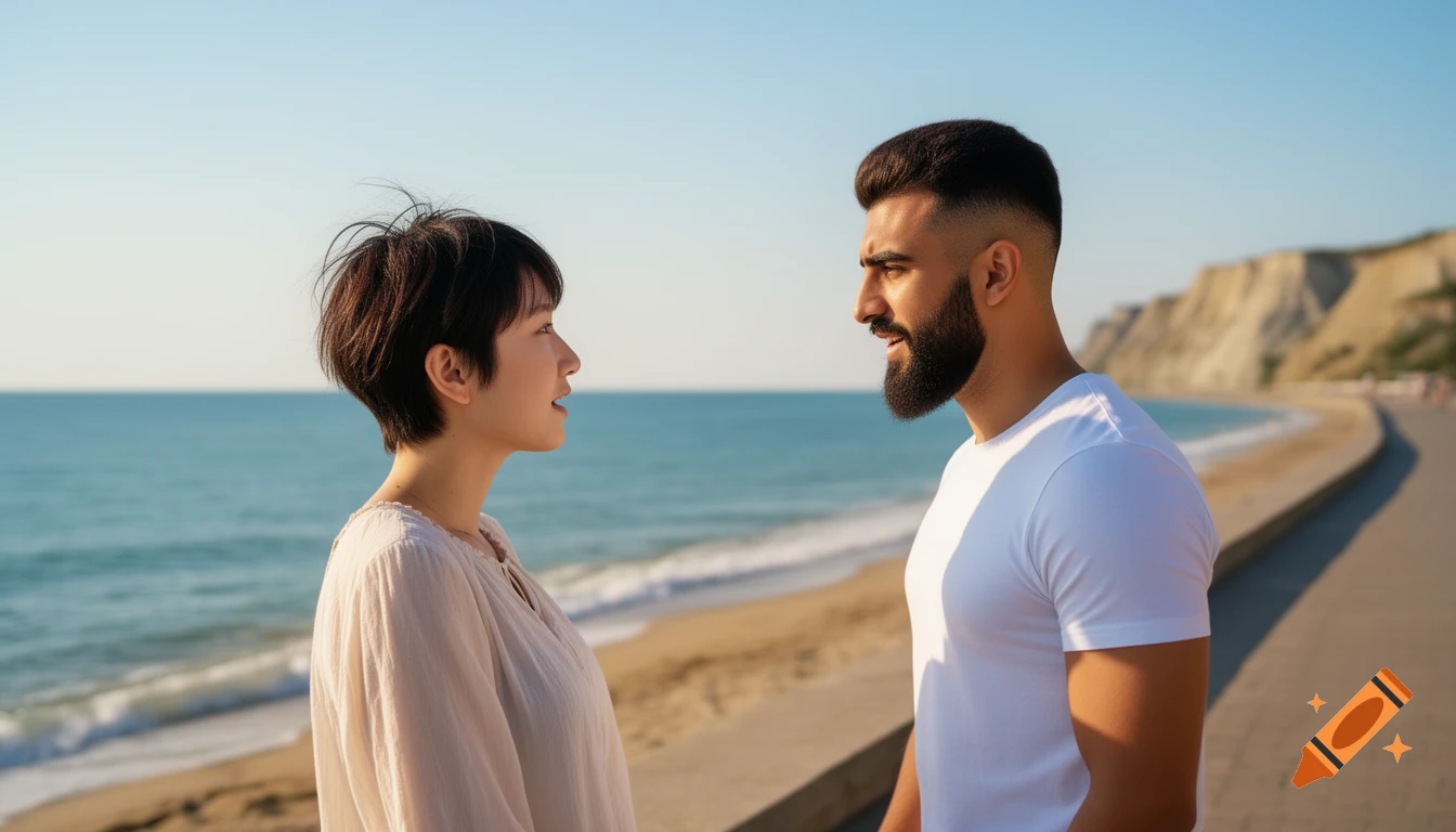 A young Korean woman and a young Kurdish man talking face to face on a sunny beach with ocean and cliffs in the background, photorealistic.