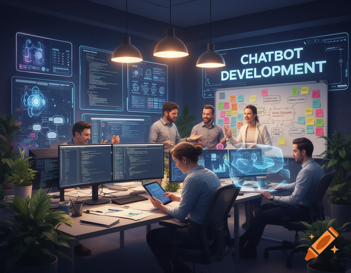 A diverse team works in a modern office, developing chatbots. Large screens display code and diagrams, while 'CHATBOT DEVELOPMENT' is prominent on a wall screen.