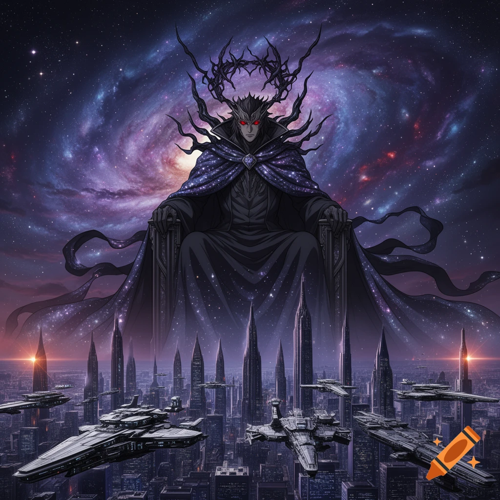 A dark, red-eyed king with a thorny crown sits on a throne above a futuristic city with spaceships, set against a swirling galaxy.