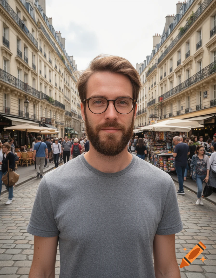Photorealistic portrait of a bearded man with glasses on a crowded Parisian street.