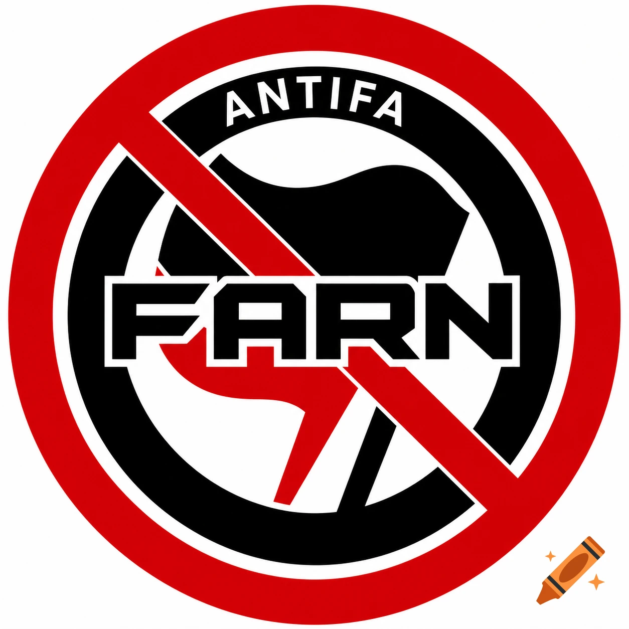 A red and black prohibition sign with 'ANTIFA' and 'FARN' inside, featuring a stylized flag symbol.