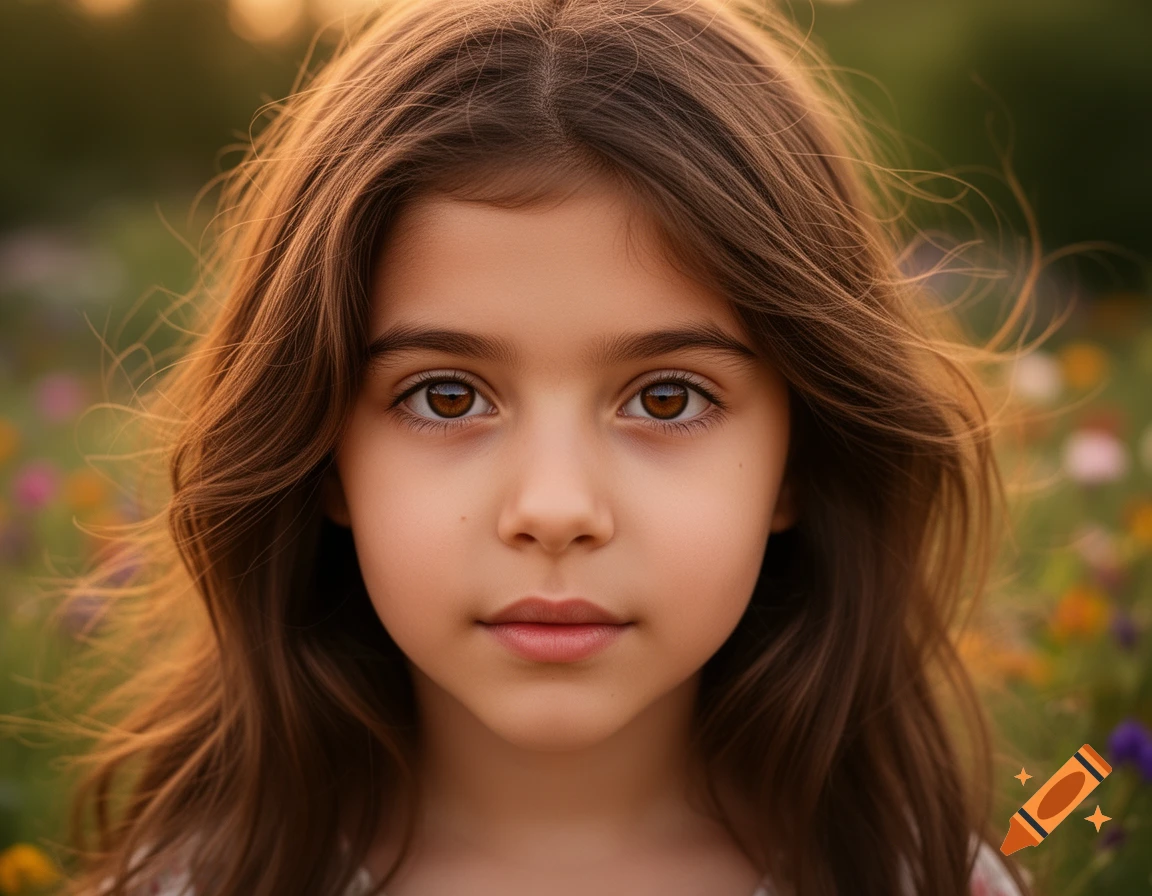 Close-up photorealistic portrait of a young girl with long brown hair and brown eyes, soft golden light, outdoor field background.