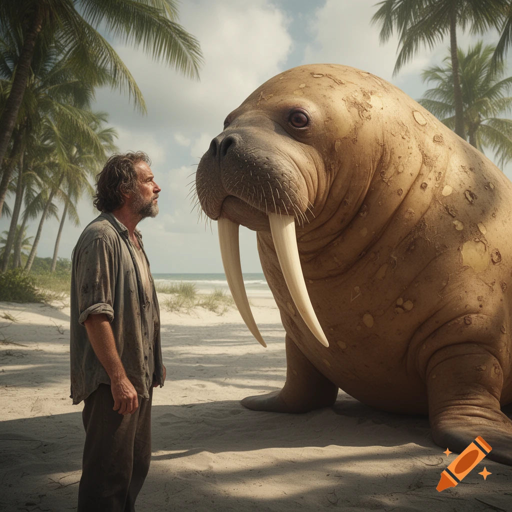 A man stands on a sandy beach looking up at a giant walrus with large tusks, with palm trees and ocean in the background.