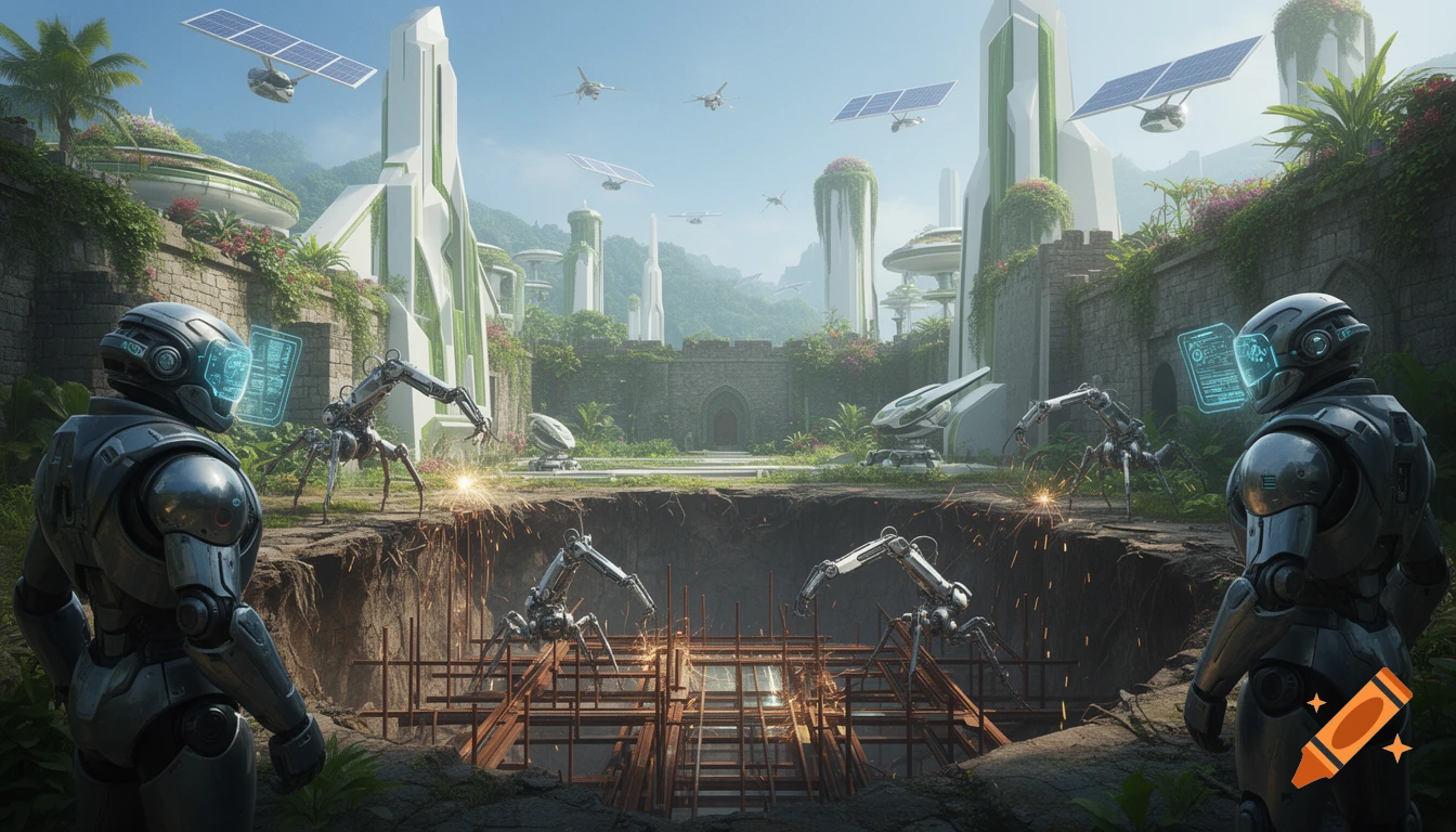 Futuristic soldiers watch spider-like robots weld structures in a lush, green solarpunk utopia with ancient ruins and flying solar panels.