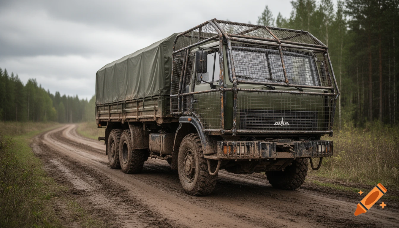 A photorealistic military-green MAZ cargo truck with a steel anti-drone cage drives on a muddy dirt road through a forest under an overcast sky.
