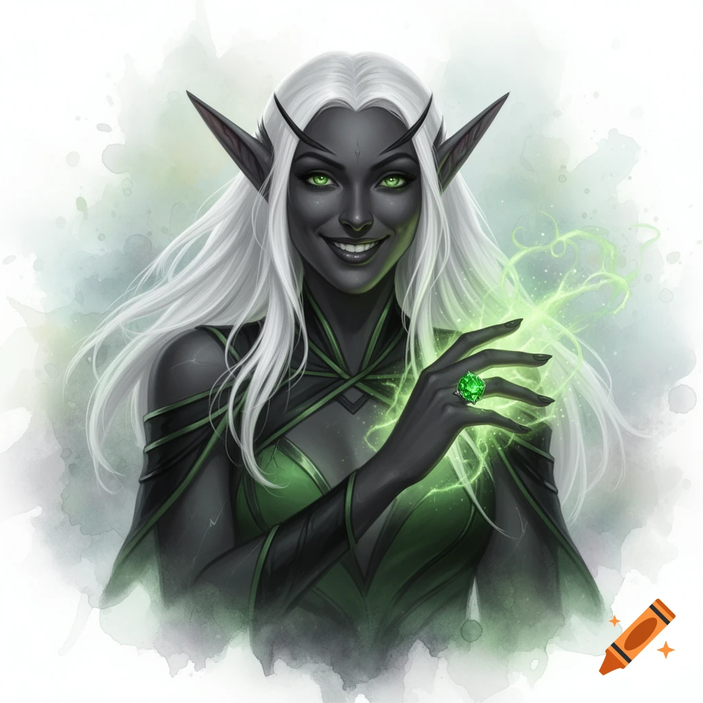 A dark-skinned elf woman with long white hair, green eyes, and pointed ears smiles slightly, holding her hand with a green crystal ring, from which green magic emanates. Digital art style with a watercolor background.
