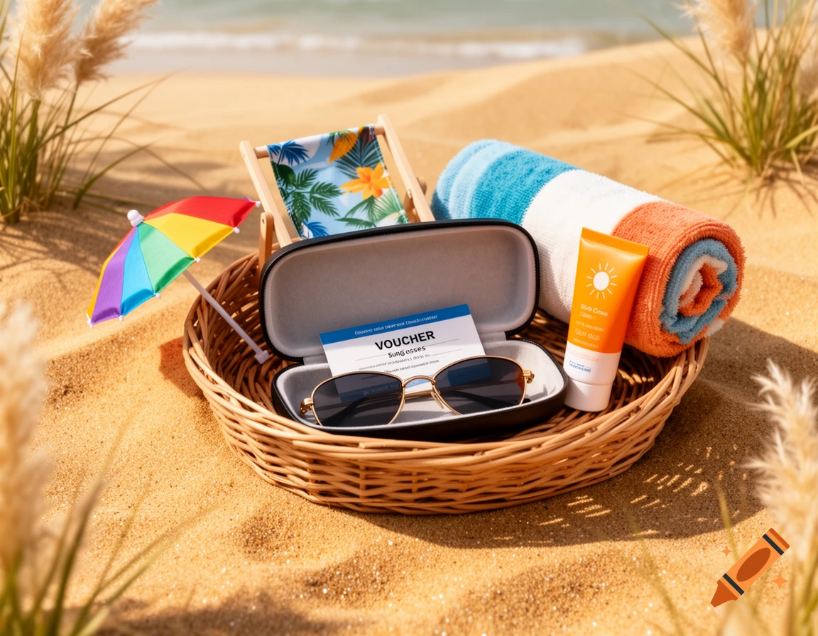 A woven basket filled with beach-themed gifts sits on a sandy beach. Items include sunglasses in an open case with a voucher, a miniature beach chair, a striped towel, a tiny rainbow umbrella, and a tube of sunscreen. Pampas grass frames the scene, with the ocean visible in the background.