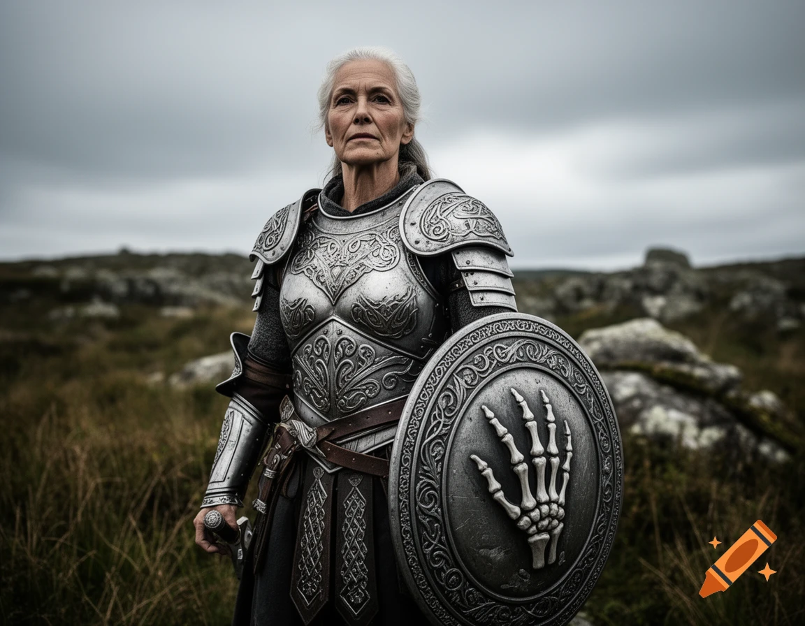 An older woman in intricate silver armor stands in a rocky, grassy landscape under an overcast sky, holding a sword and a shield with a skeletal hand design.