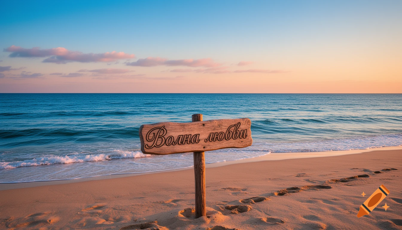 A photorealistic image of a wooden sign reading "Wave of love" on a sandy beach with footprints, at sunset over the ocean.
