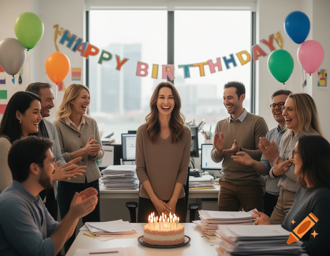 Diverse office colleagues happily celebrate a birthday with a cake and balloons in a bright office.