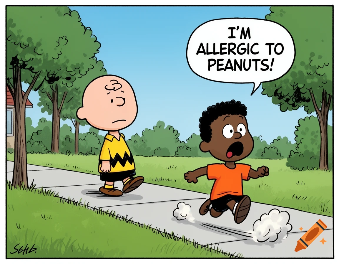 Charlie Brown looks on as a young Black boy in an orange shirt runs away, yelling "I'M ALLERGIC TO PEANUTS!" in a comic panel.