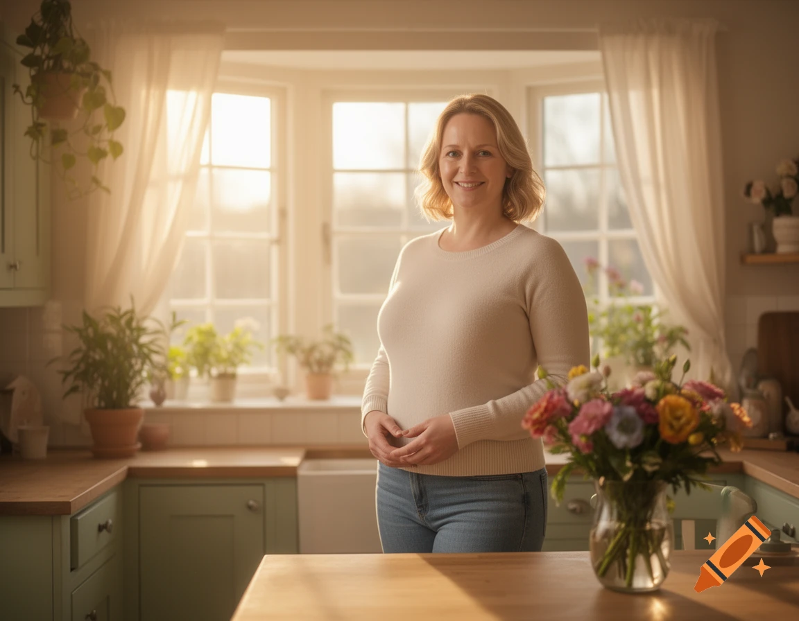 A smiling woman stands in a bright, sunlit kitchen with light green cabinets and a vase of colorful flowers on the wooden island.