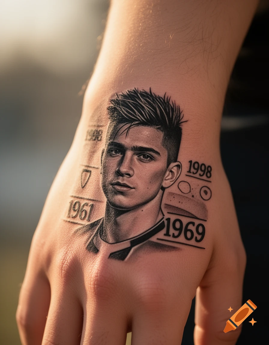 A photorealistic black and white tattoo of a young man's face on the back of a hand, surrounded by dates 1998, 1961, and 1969.