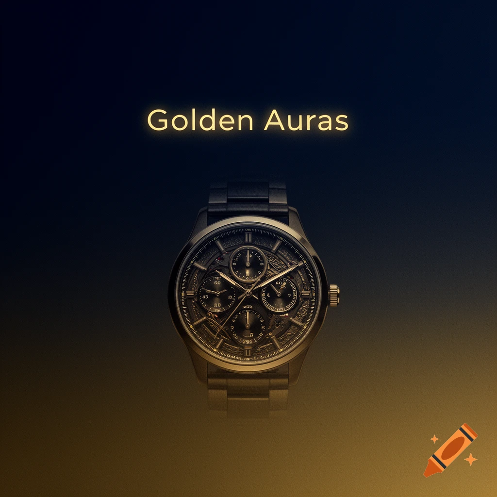 A dark gold luxury watch with intricate details on a gradient background, with glowing text 'Golden Auras' above.