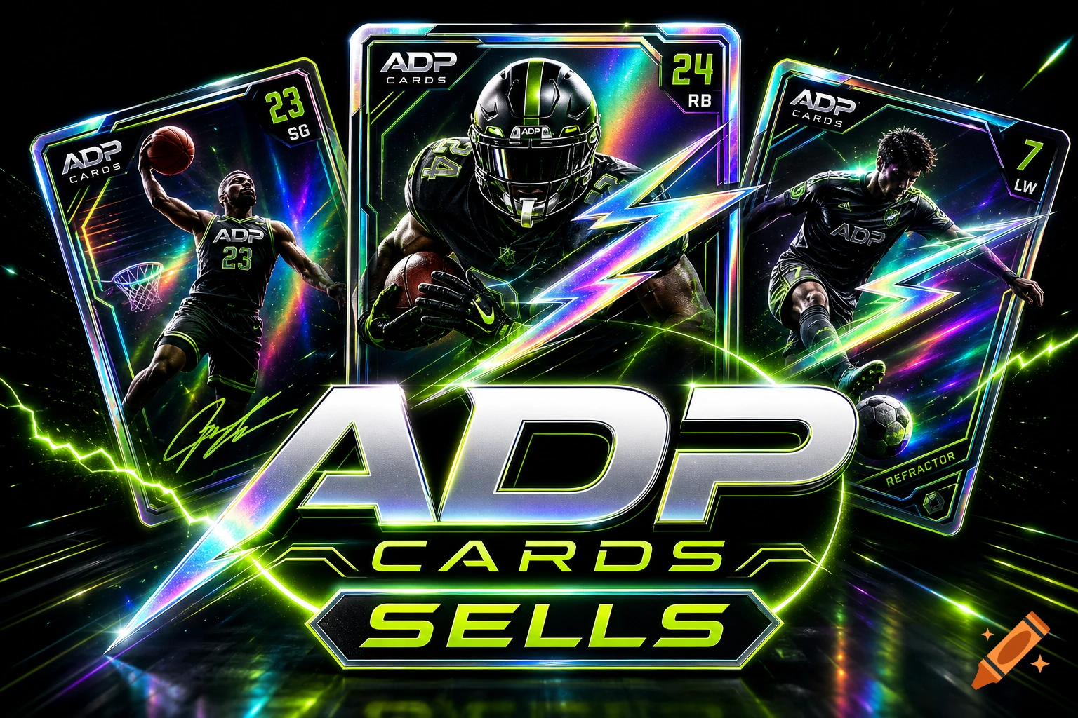 Three dynamic sports trading cards featuring basketball, football, and soccer players, with neon green and holographic lightning effects on a dark background. Text reads "ADP CARDS" and "SELLS".