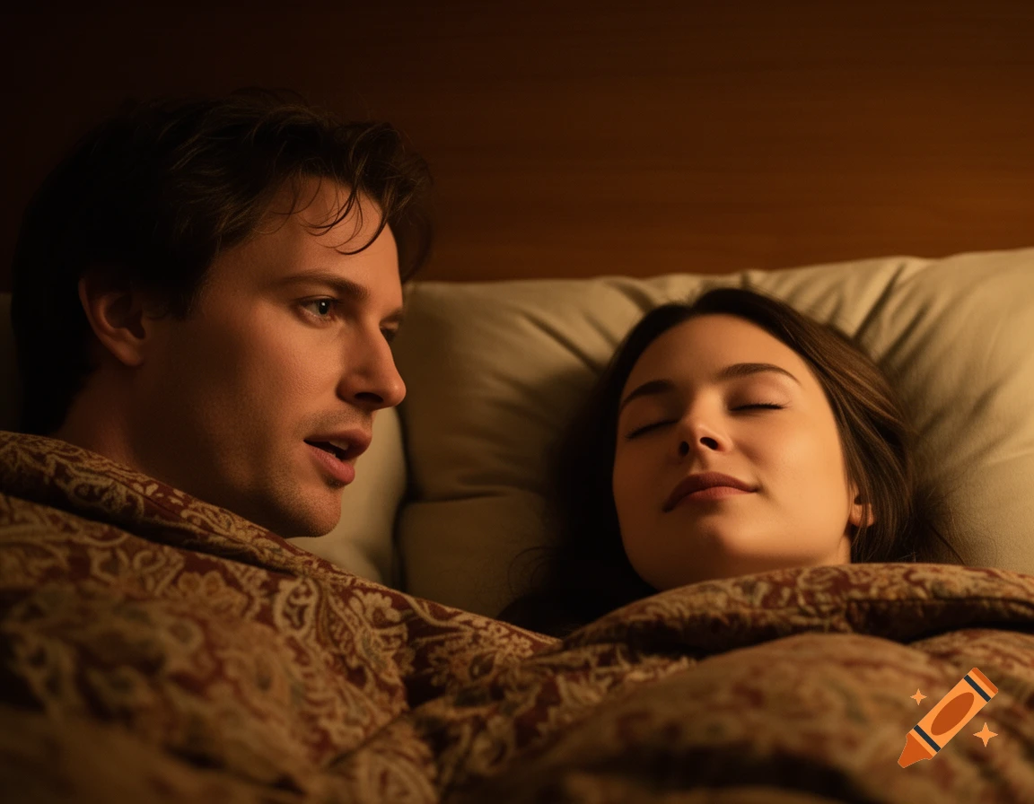 A man speaks to a woman with closed eyes in an intimate, softly lit bedroom, both covered by a patterned duvet.
