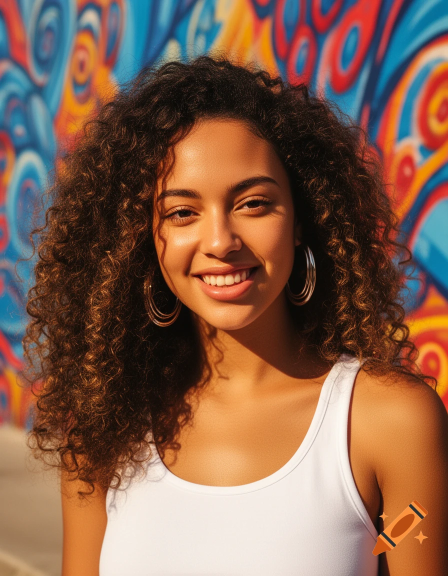 Close-up of a smiling young woman with curly hair, white tank top, and hoop earrings against a vibrant street art mural in sunlight.