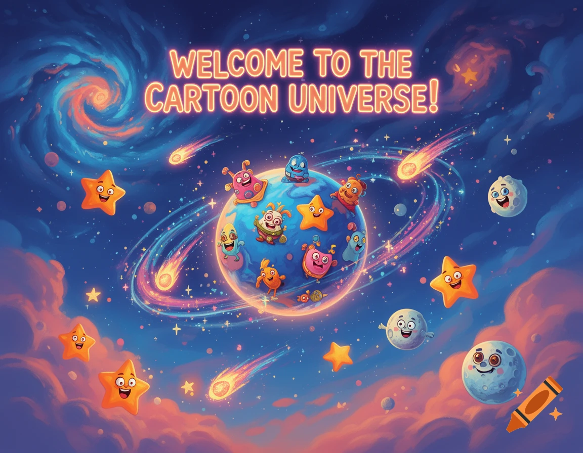 A colorful cartoon universe with smiling stars, planets, and friendly alien creatures, featuring the text 'WELCOME TO THE CARTOON UNIVERSE!'.